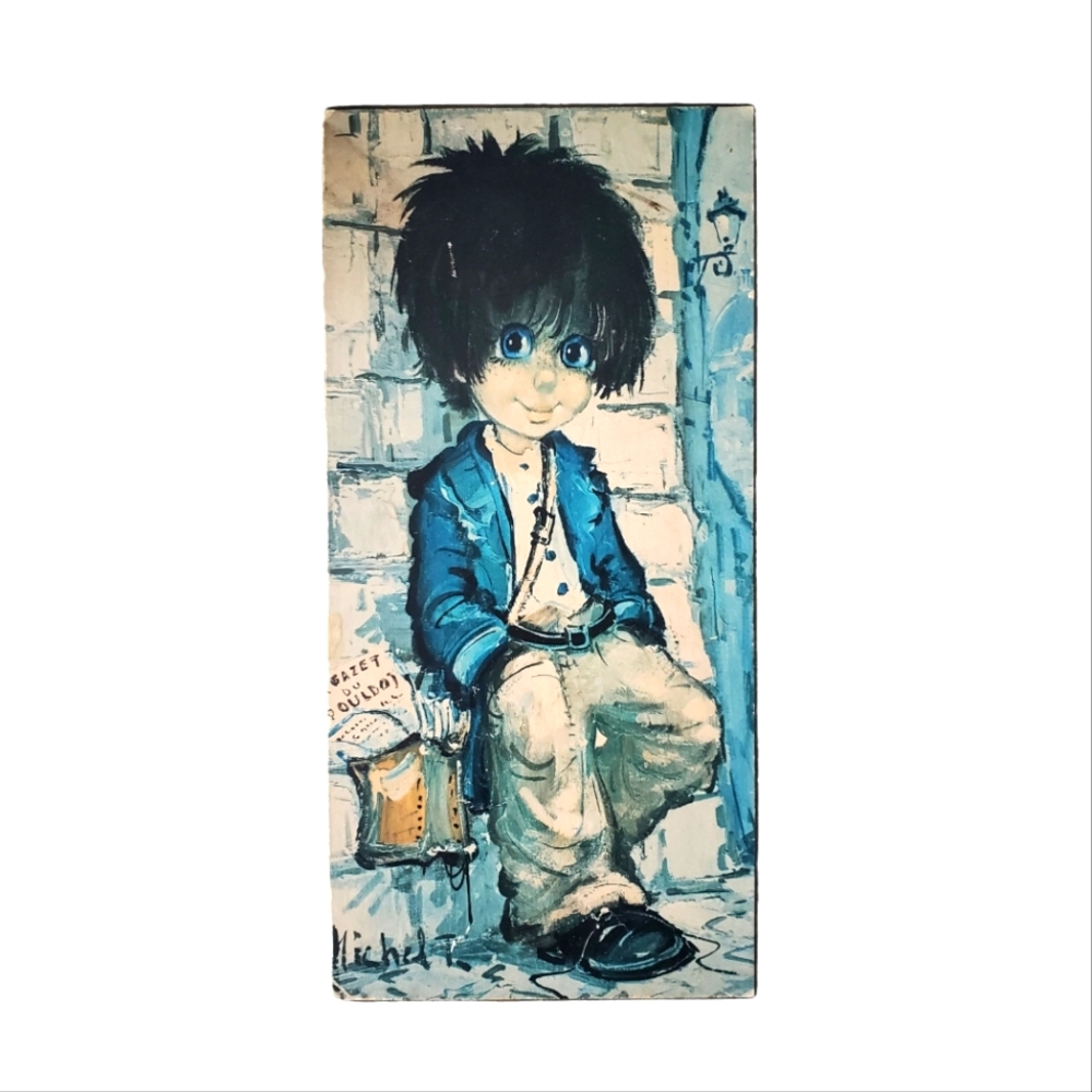 Vintage 1960's Big Eyed Boy Print on Chipboard - Michel Thomas